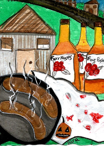 drawing of sausages, house, and whiskey bottles